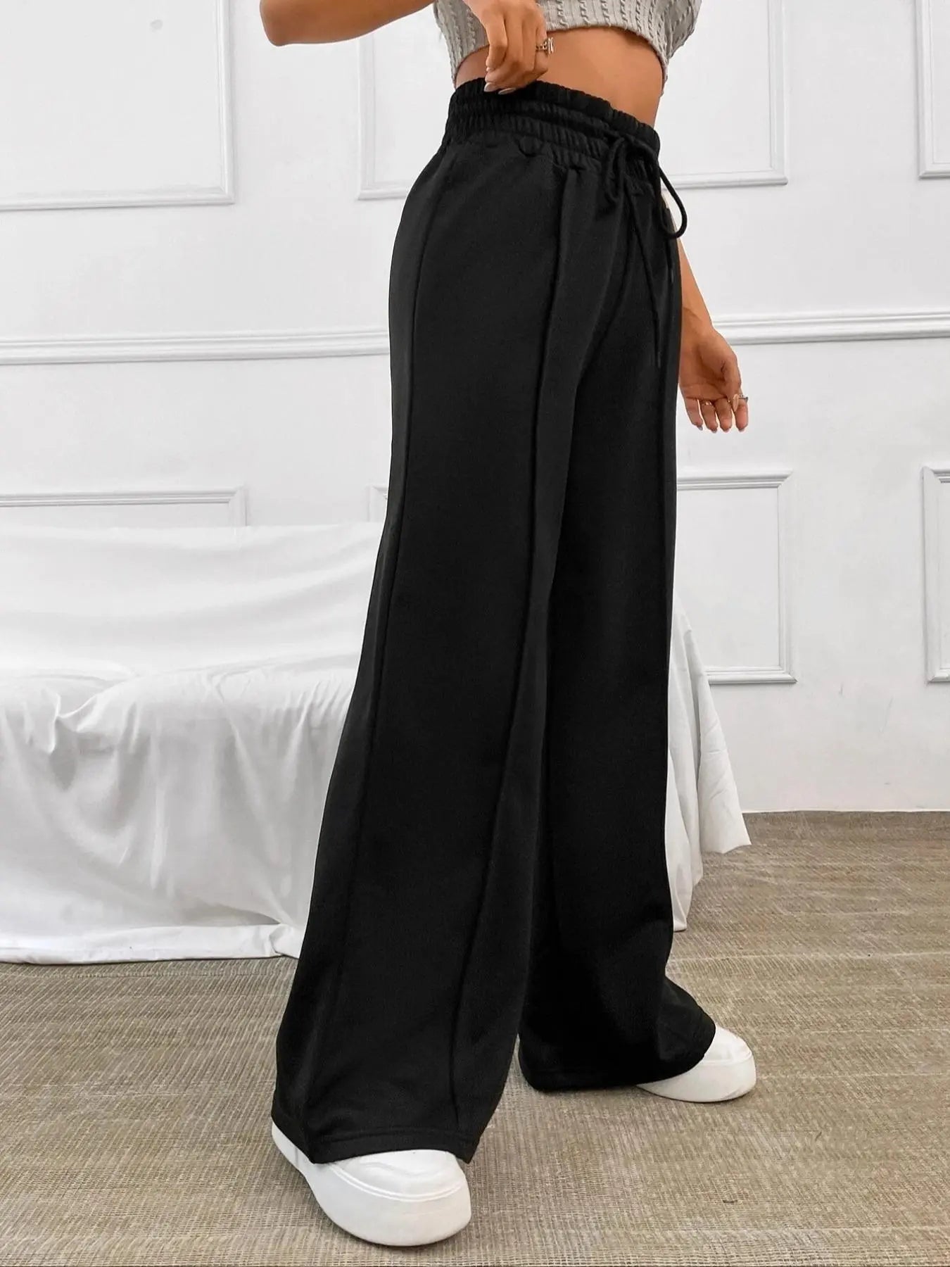 Women'S Plain Drawstring High Waist Wide Leg Pants, Casual Comfy Trousers for Daily Outdoor Wear, Ladies Bottoms for All Seasons