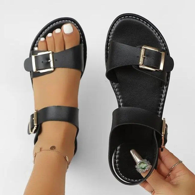 Women'S Wide Width PU Leather Flat Sandals - Adjustable Ankle Strap Buckle, Open Toe Slip-On Slides, Rubber Sole Walking Shoes for Summer Casual Beach Use, Women Sandals