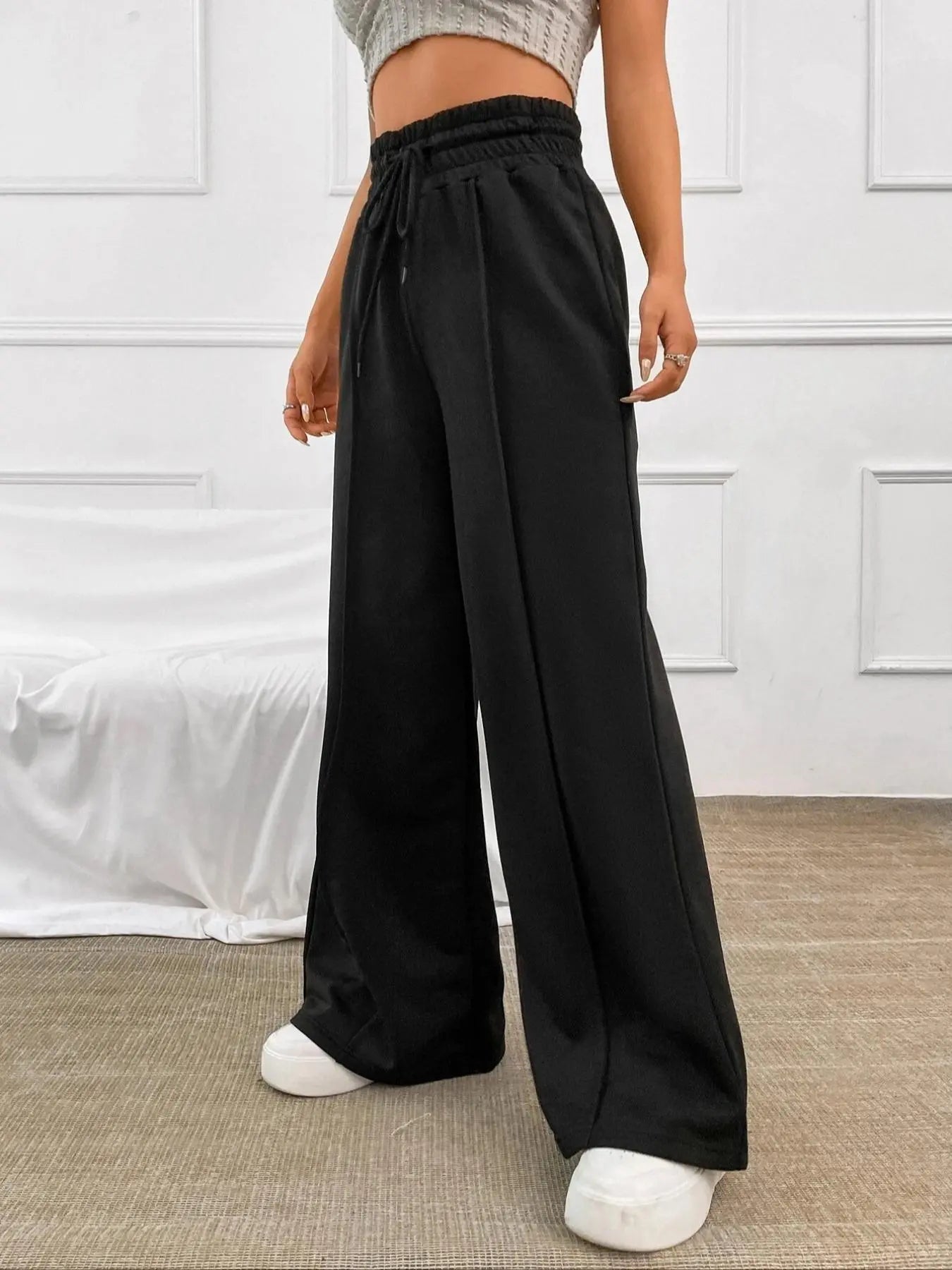 Women'S Plain Drawstring High Waist Wide Leg Pants, Casual Comfy Trousers for Daily Outdoor Wear, Ladies Bottoms for All Seasons