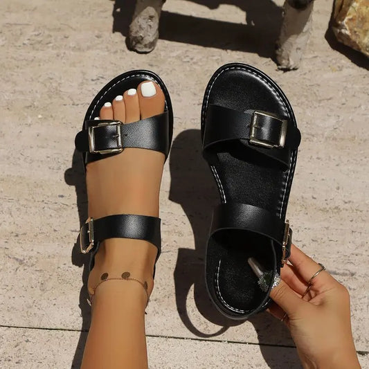 Women'S Wide Width PU Leather Flat Sandals - Adjustable Ankle Strap Buckle, Open Toe Slip-On Slides, Rubber Sole Walking Shoes for Summer Casual Beach Use, Women Sandals