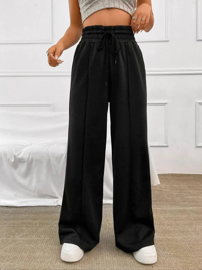 Women'S Plain Drawstring High Waist Wide Leg Pants, Casual Comfy Trousers for Daily Outdoor Wear, Ladies Bottoms for All Seasons
