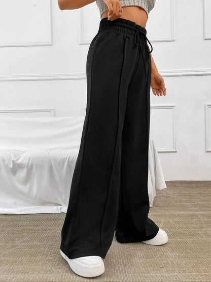 Women'S Plain Drawstring High Waist Wide Leg Pants, Casual Comfy Trousers for Daily Outdoor Wear, Ladies Bottoms for All Seasons
