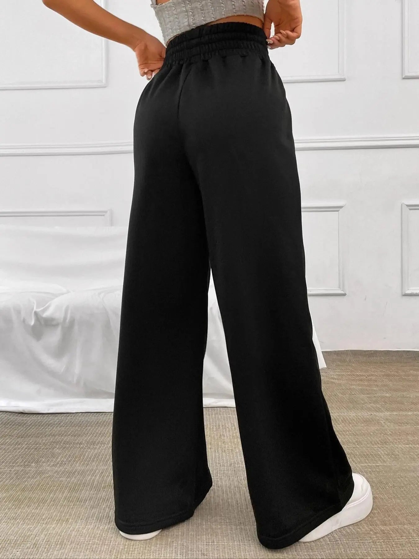 Women'S Plain Drawstring High Waist Wide Leg Pants, Casual Comfy Trousers for Daily Outdoor Wear, Ladies Bottoms for All Seasons