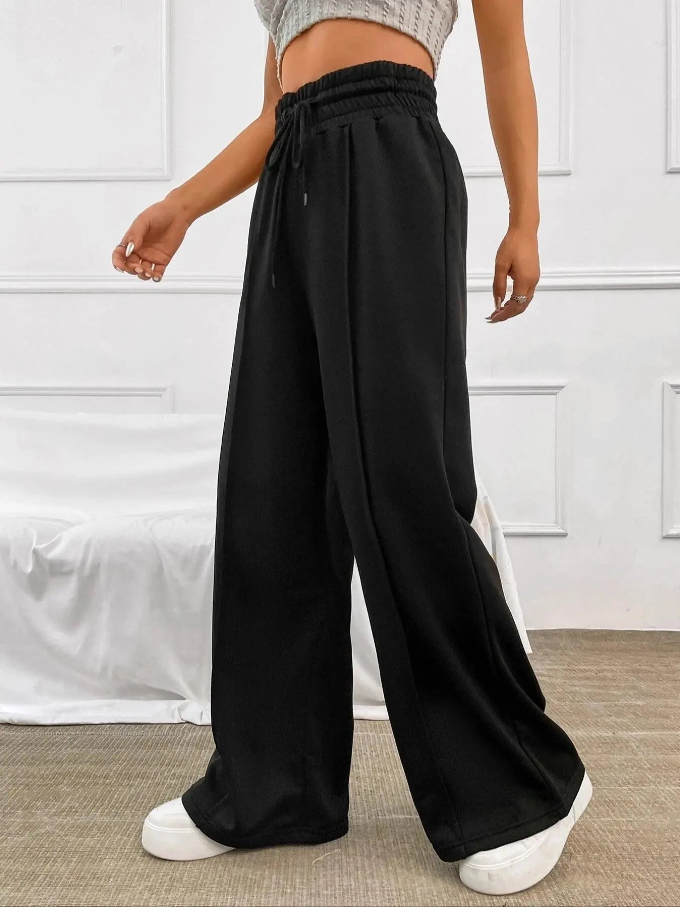 Women'S Plain Drawstring High Waist Wide Leg Pants, Casual Comfy Trousers for Daily Outdoor Wear, Ladies Bottoms for All Seasons