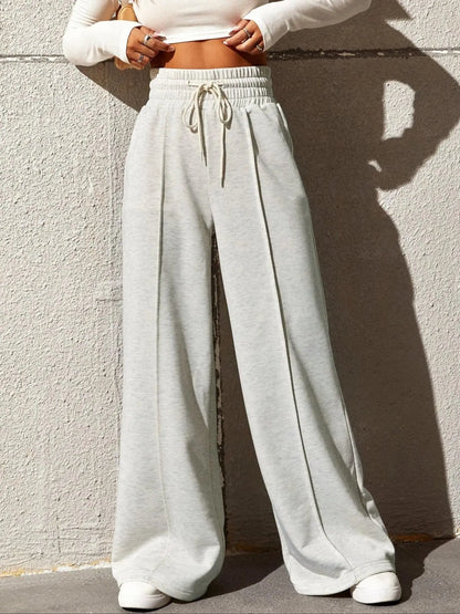 Women'S Plain Drawstring High Waist Wide Leg Pants, Casual Comfy Trousers for Daily Outdoor Wear, Ladies Bottoms for All Seasons