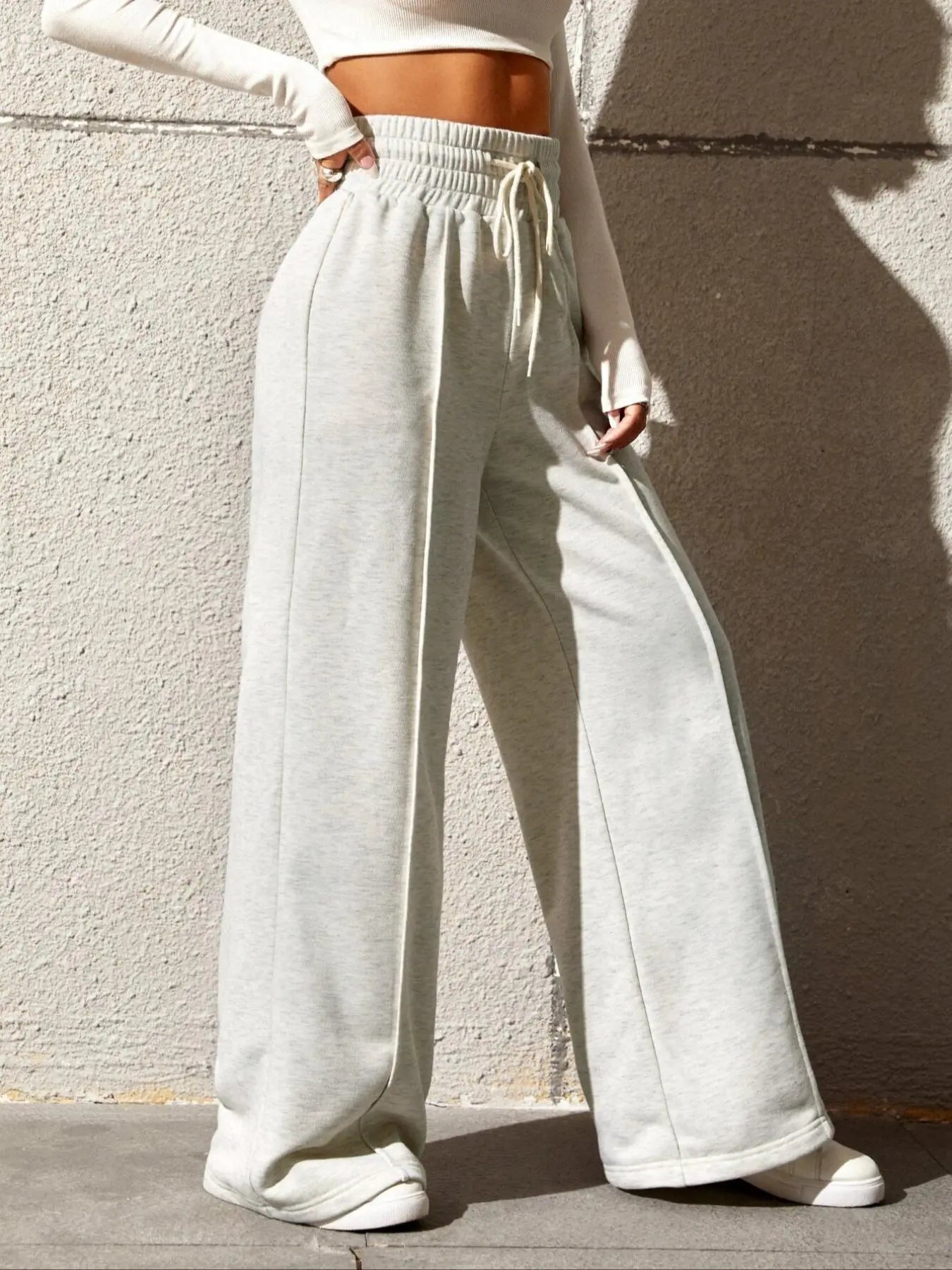 Women'S Plain Drawstring High Waist Wide Leg Pants, Casual Comfy Trousers for Daily Outdoor Wear, Ladies Bottoms for All Seasons