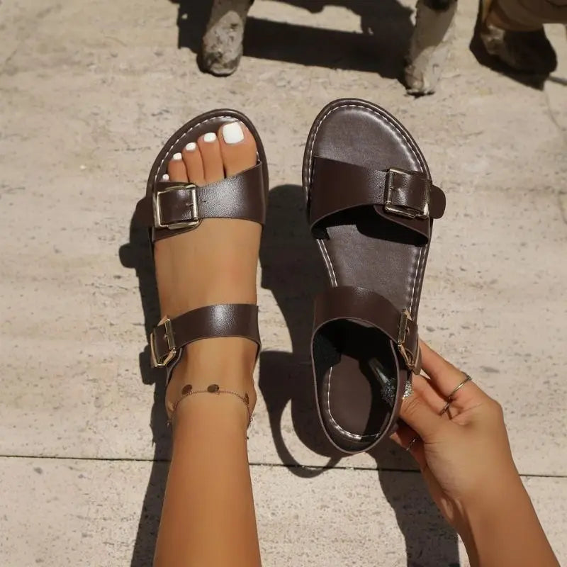 Women'S Wide Width PU Leather Flat Sandals - Adjustable Ankle Strap Buckle, Open Toe Slip-On Slides, Rubber Sole Walking Shoes for Summer Casual Beach Use, Women Sandals