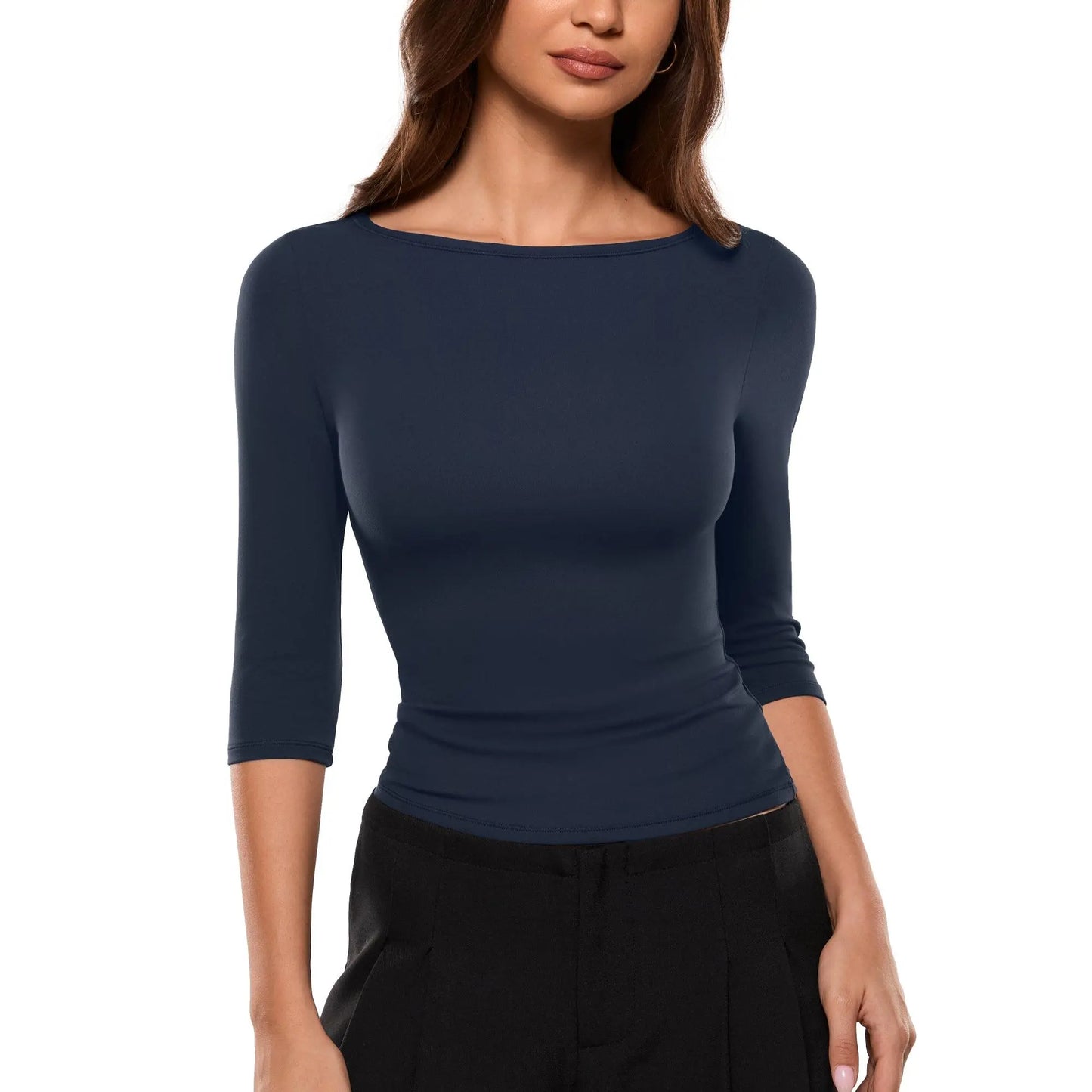 INLYRIC Women'S Airsoft 3/4 Length Sleeve Tops Single Layer Crew Neck T Shirts Basic Tees Slim Fitted Going Out Tops