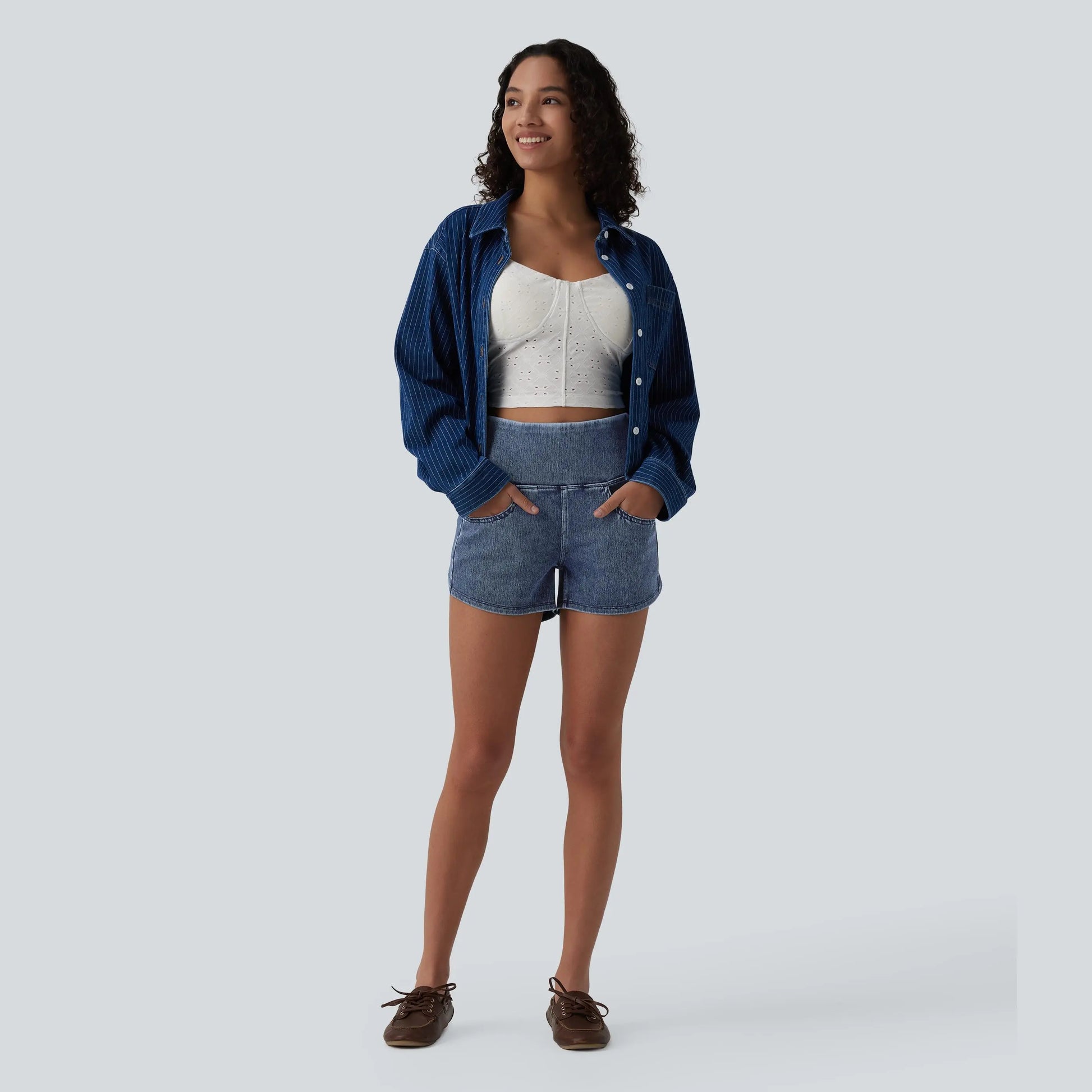 【Creator’S Pick】Halara Flex High Waisted Tummy Control Curved Hem Skinny Denim Casual Shorts with Pockets