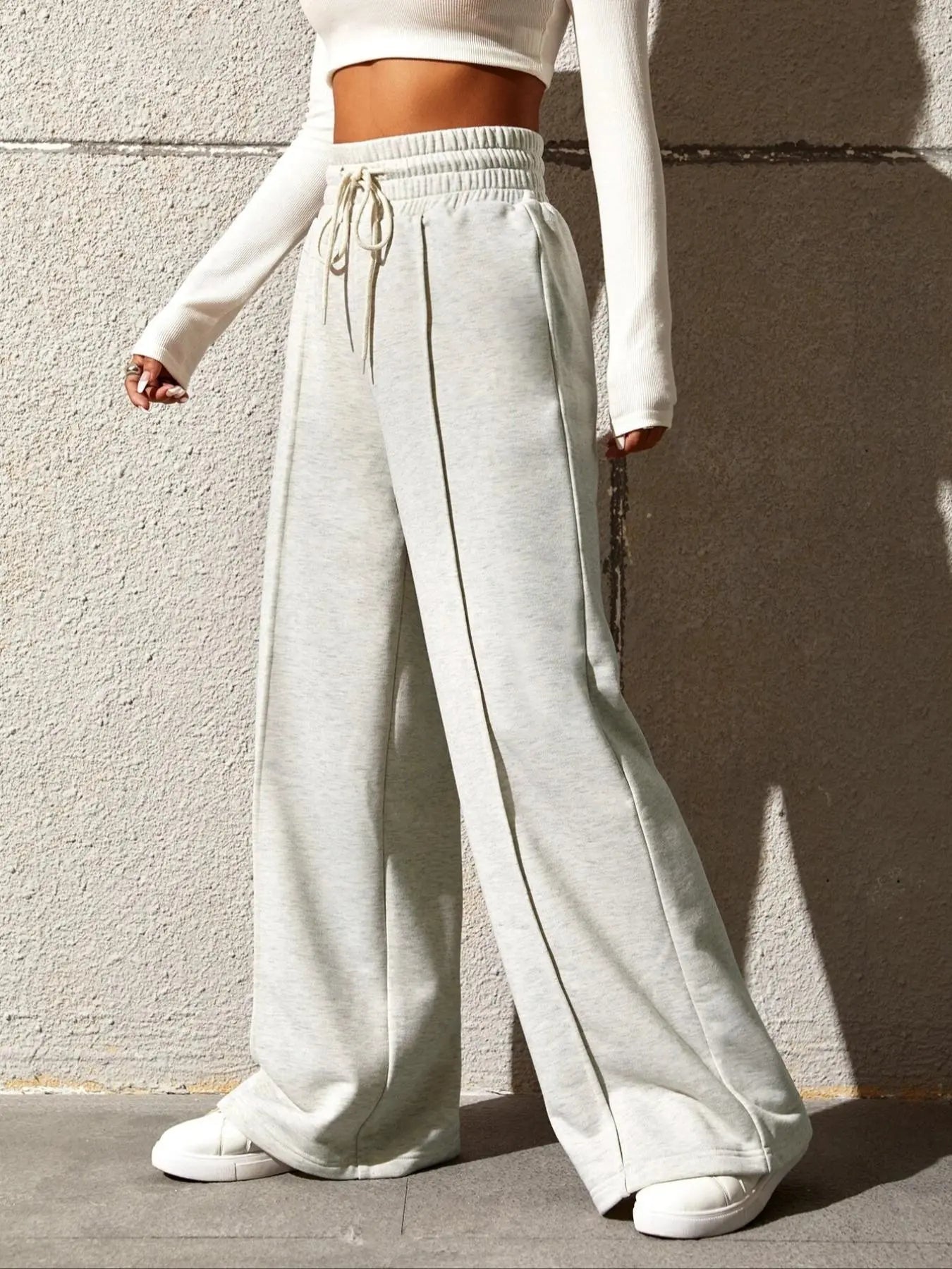 Women'S Plain Drawstring High Waist Wide Leg Pants, Casual Comfy Trousers for Daily Outdoor Wear, Ladies Bottoms for All Seasons